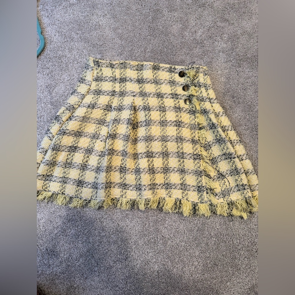 Zara Plaid Pleated Textured Weave Skirt Yellow M